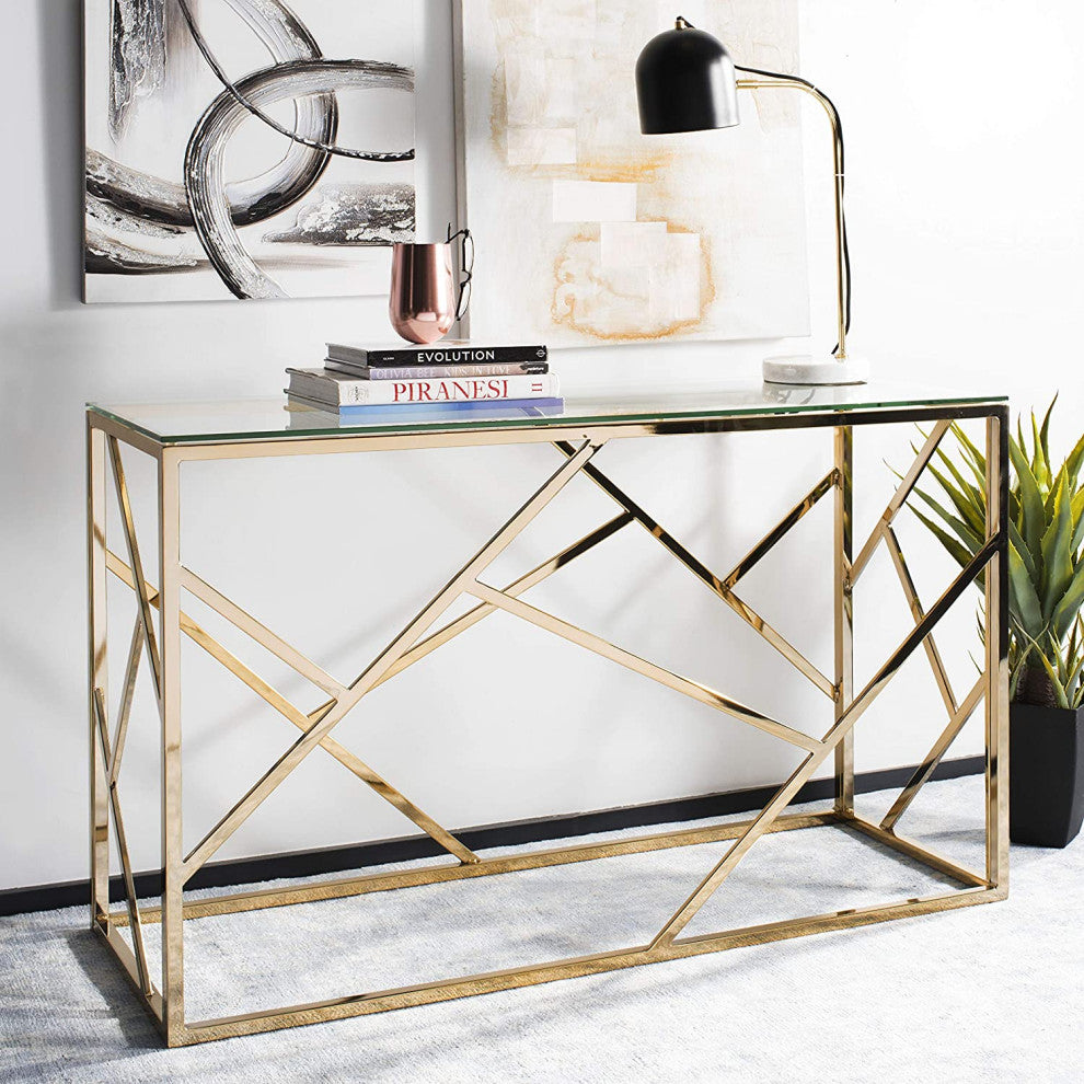 Contemporary Console Table, Geometric Frame With Tempered Glass Top, Brass