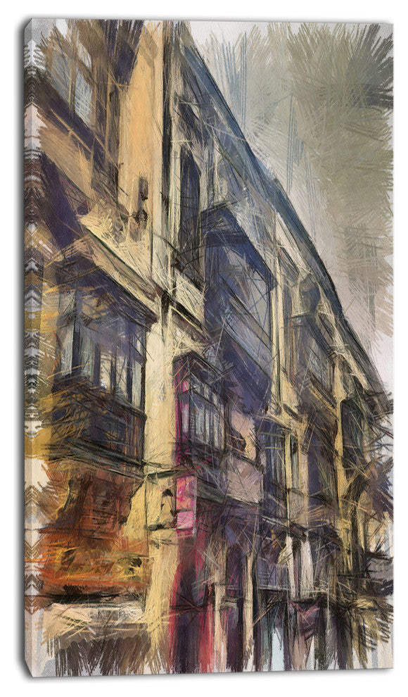 Old City Street Watercolor Painting, Large Cityscape Canvas Art Print, 16"x32"
