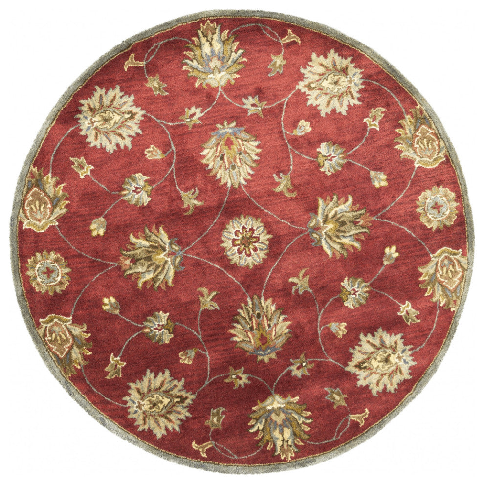 5' Round Red Floral Vine Wool Indoor Area Rug