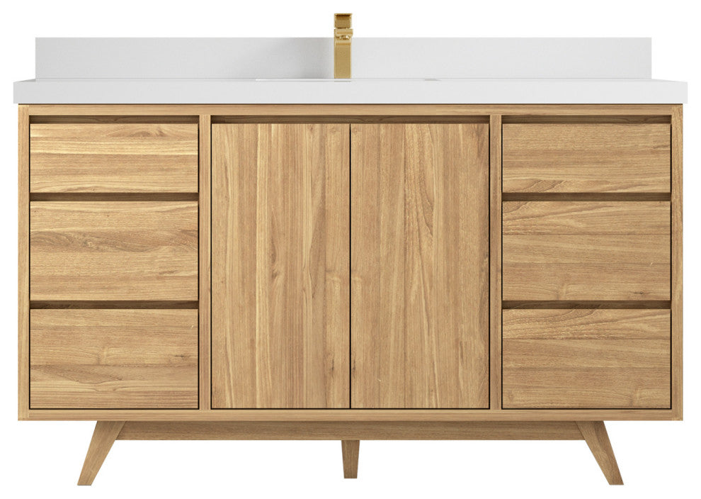 Madison Teak 60 Single Bathroom Vanity in Light Natural 2" White Quartz