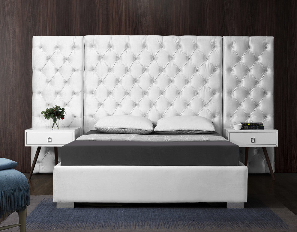 Grande Velvet Bed, White, Queen