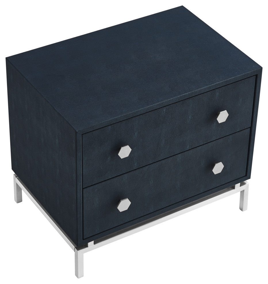 Nicole Miller Aharon Side Table, 2 Drawers, Faux Shagreen, Navy/Chrome