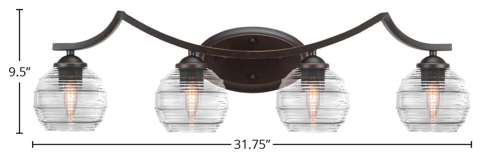 Zilo 4 Light Bath Bar Shown, Dark Granite Finish With 6" Clear Ribbed Glass