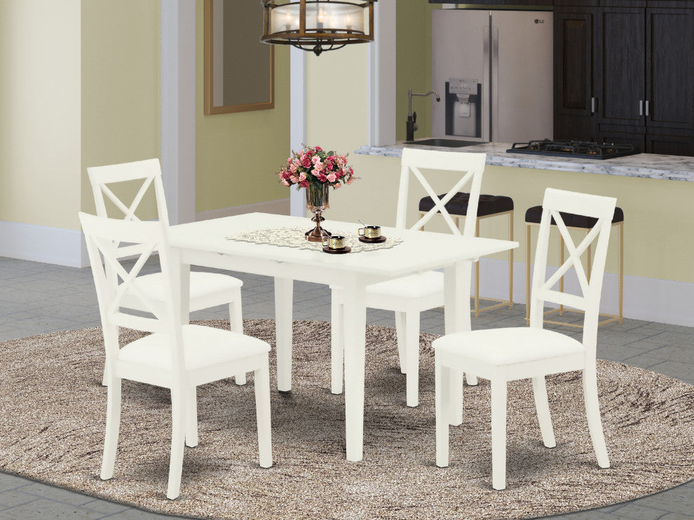 5-Pc Dinette Set 4 Chairs, Faux Leather Seat, Butterfly Leaf Table, Linen White