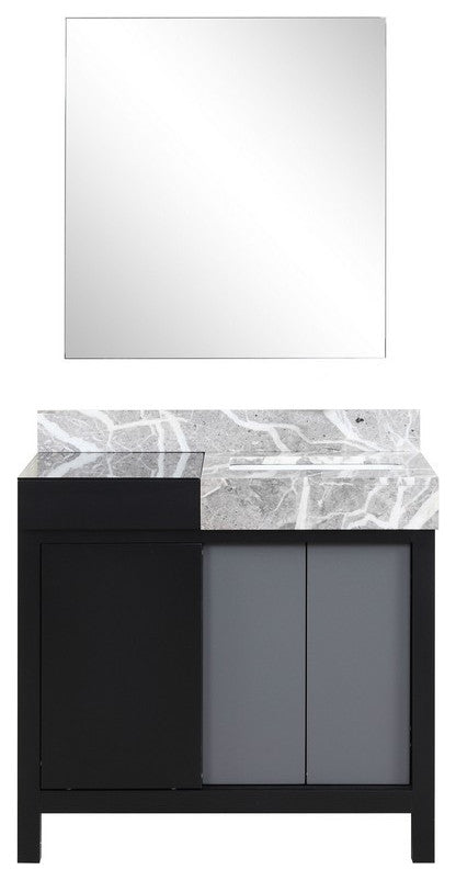Zilara 36" Black and Grey Vanity, Castle Grey Marble Top, 30" Frameless Mirror