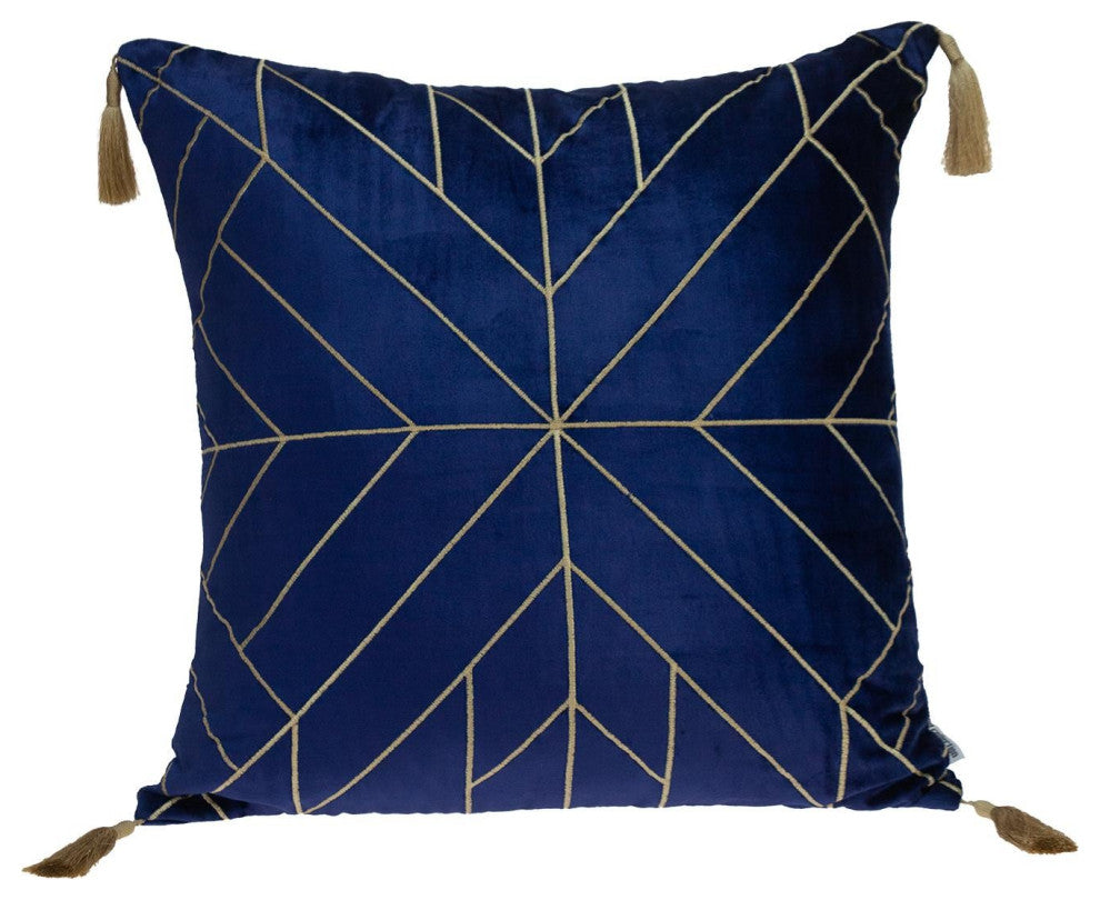 Blue and Gold Geo Velvet Throw Pillow With Gold Tassels