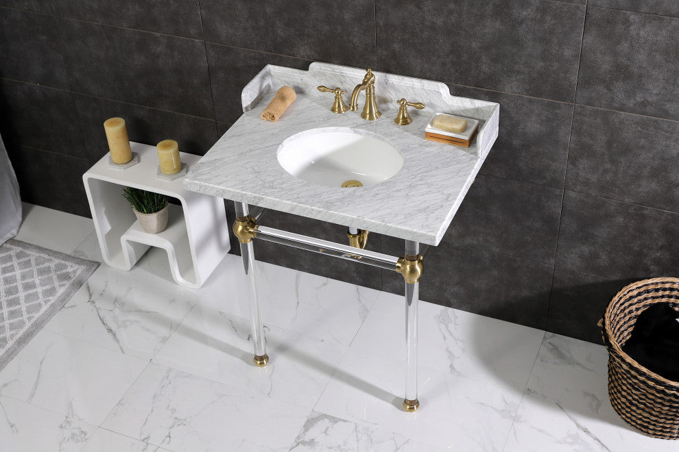 Kingston Brass LMS3030MA7 30" Carrara Marble Console Sink, Acrylic Legs