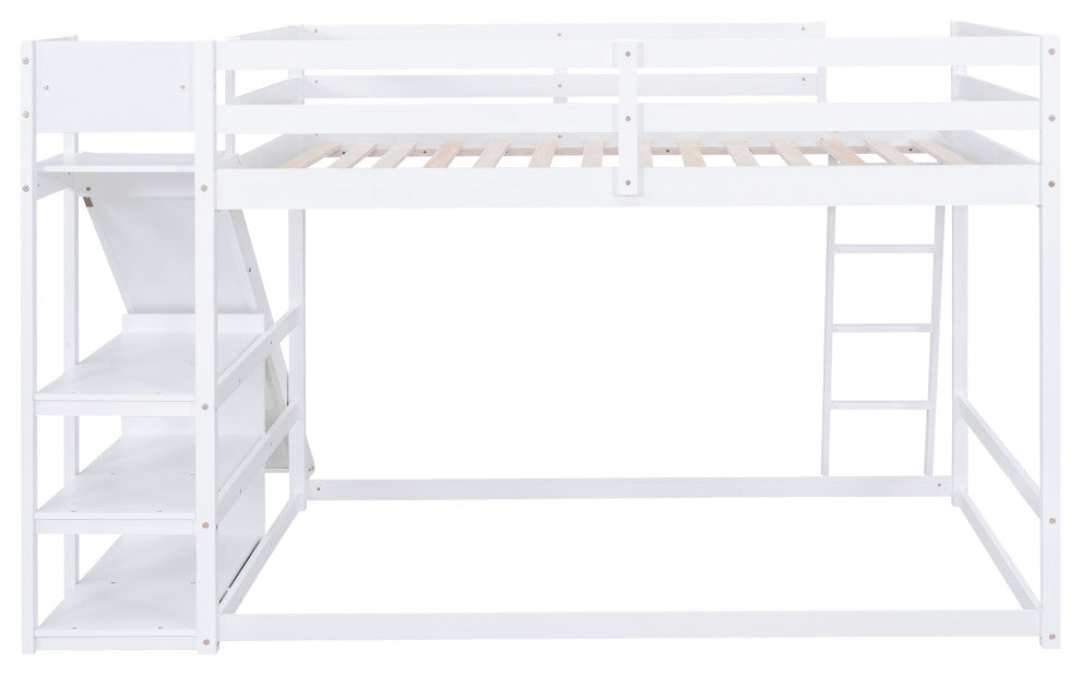 Gewnee Wood Full Over Full Bunk Bed with Ladder, Slide and Shelves in White