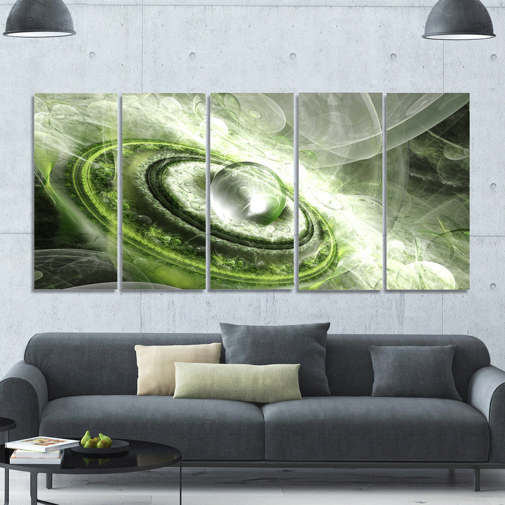 Green Fractal Flying Saucer, Abstract Canvas Art Print, 60"x28", 5 Panels
