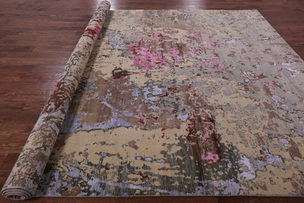 Contemporary Wool and Silk Handmade Abstract Rug 9' 0" X 12' 5" Q6343