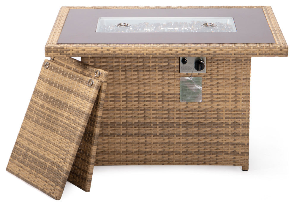 Outdoor Rectangular Fire Pit Table 55,000 BTU Wicker Design, Light Brown