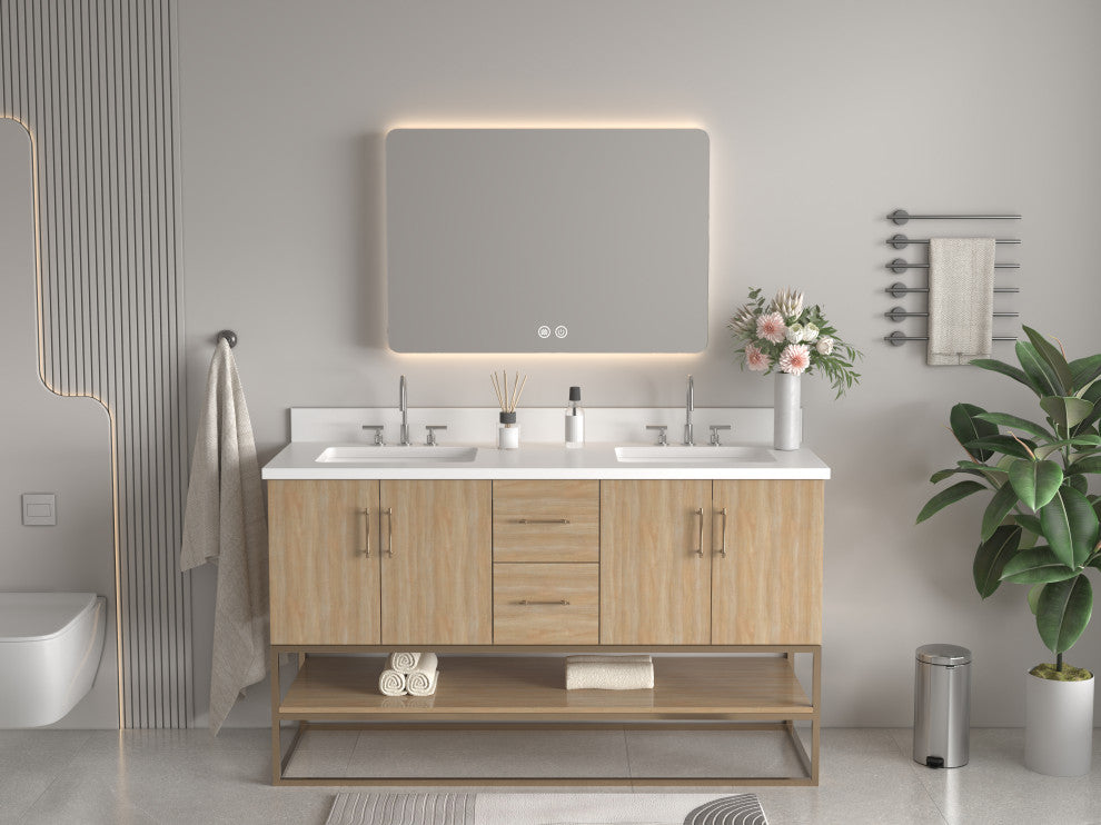 Light Oak Lima Bathroom Vanity With Open Shelf & Gold Leg Base, 60" Double Sink