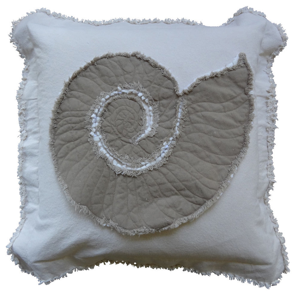 Coastal Frayed Edge Euro Pillow, Khaki Nautilus Applique