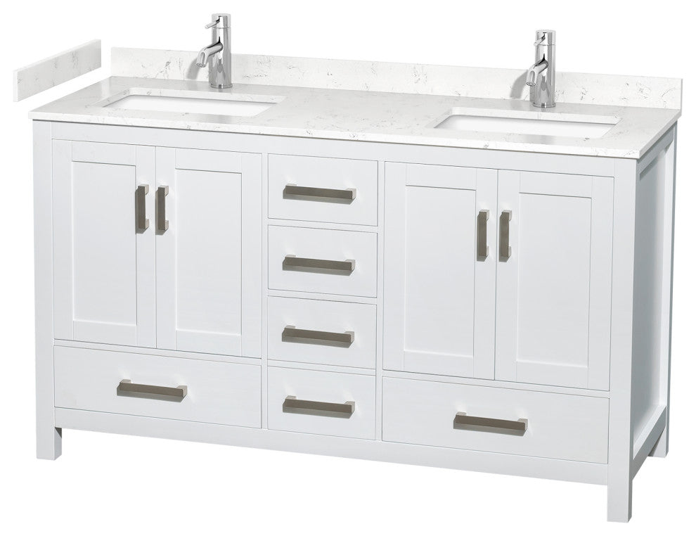 60" Double Bath Vanity, White, Carrara Cultured Marble Countertop, Sinks