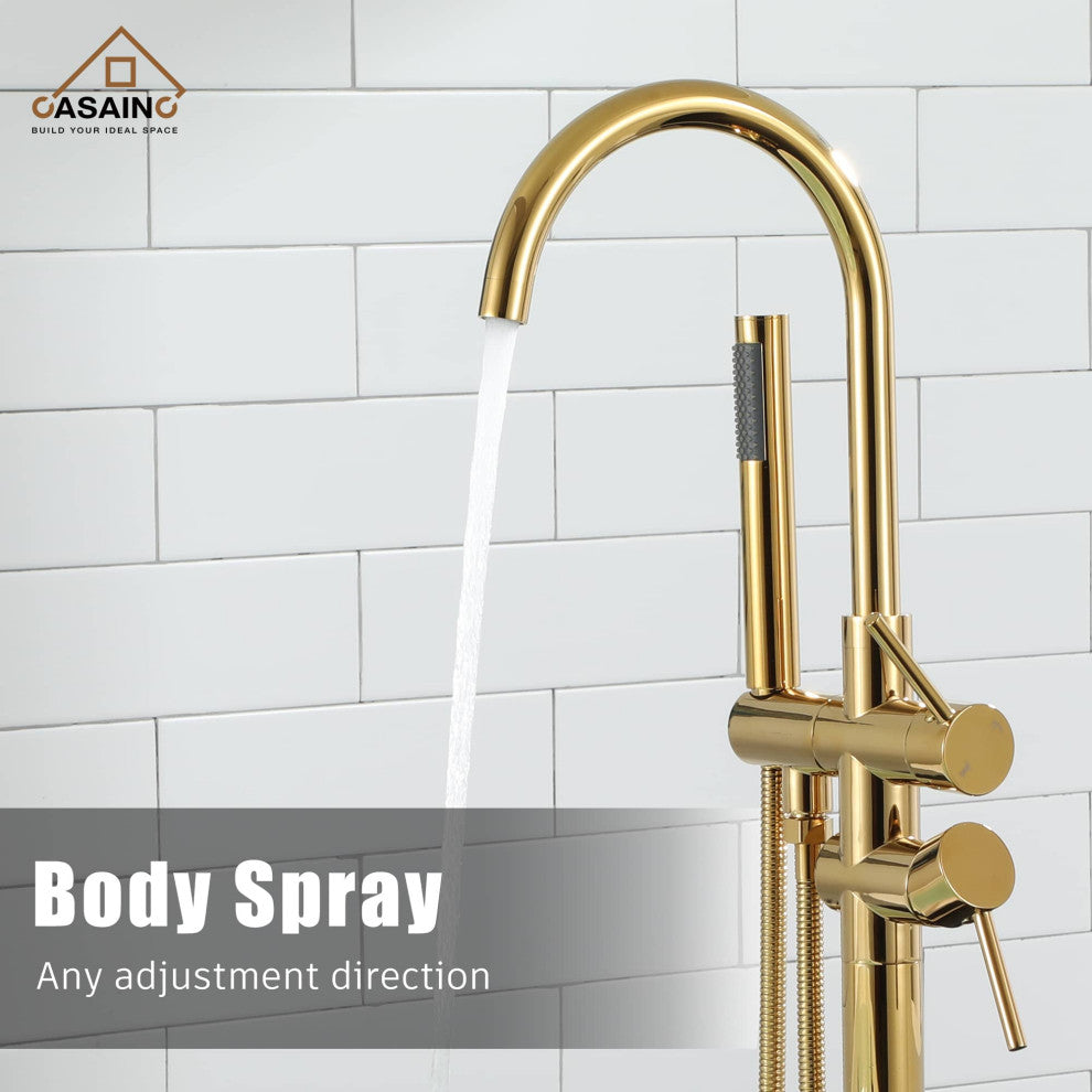 Freestanding Bathtub Faucet Hand Shower Floor-Mount High-arc Tub Faucet 2-Handle