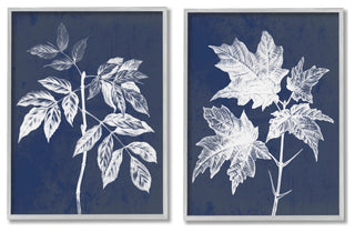 Maple Leaf Elm Stem Vintage Blue White Illustration,2pc, each 24 x 30