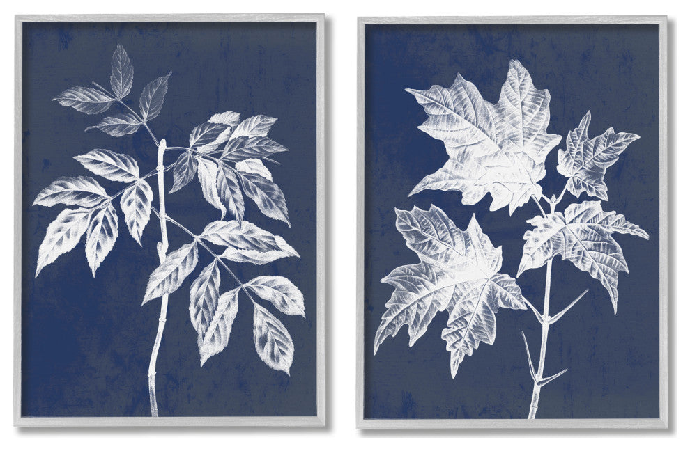 Maple Leaf Elm Stem Vintage Blue White Illustration,2pc, each 24 x 30