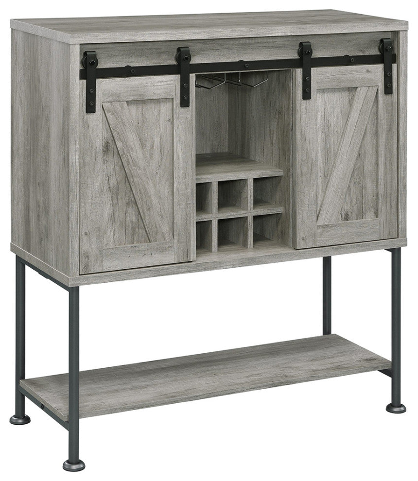 Wood Bar Cabinet with Two Doors, Gray and Gunmetal