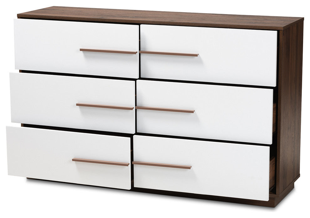 Kaila Mid-Century Modern White and Walnut 6-Drawer Wood Dresser