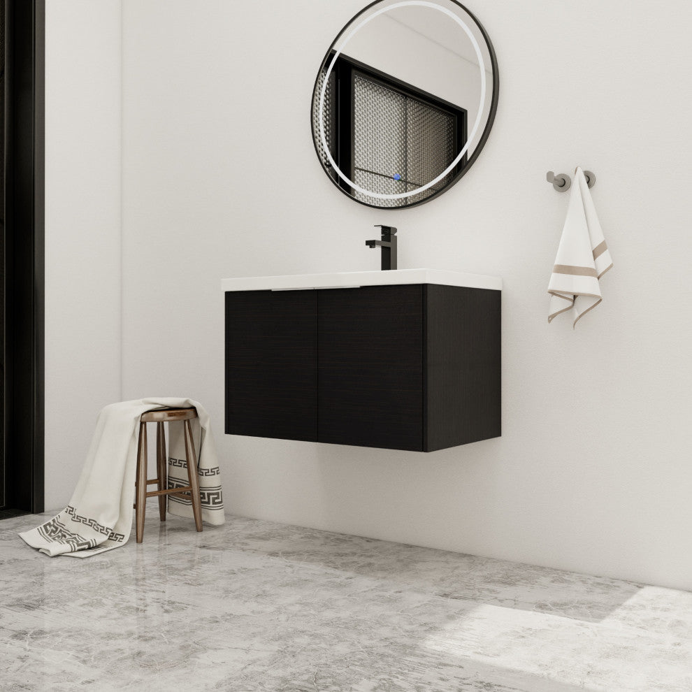 BNK Bathroom Vanity with Resin Sink, Modern Design with Soft Close Doors, Black Chestnut, 30"