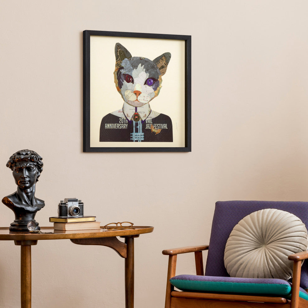 "Funky Cat 2" Dimensional Collage Framed Graphic Art Under Glass Wall Art