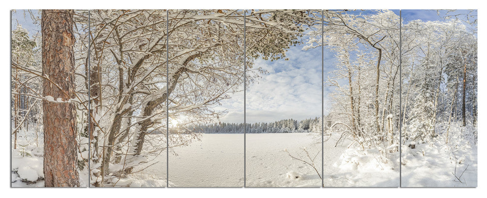 Lake in Winter Woods, Landscape Canvas Art Print, 70"x28", 6 Panels