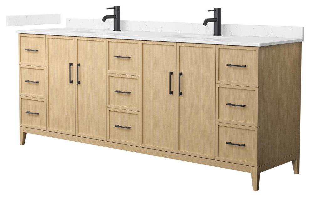 Elan 84" Double Vanity, White Oak, Carrara Cultured Marble Top, Black Trim