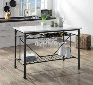 Mera Kitchen Island, White Cultured Stone and Gray Finish