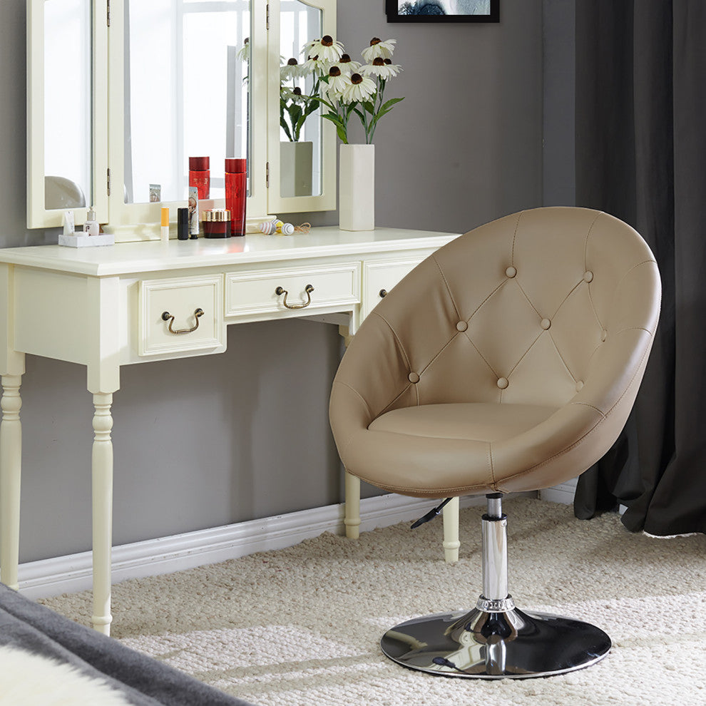 Button Tufted Swivel PU Leather Papasan Chair, Khaki