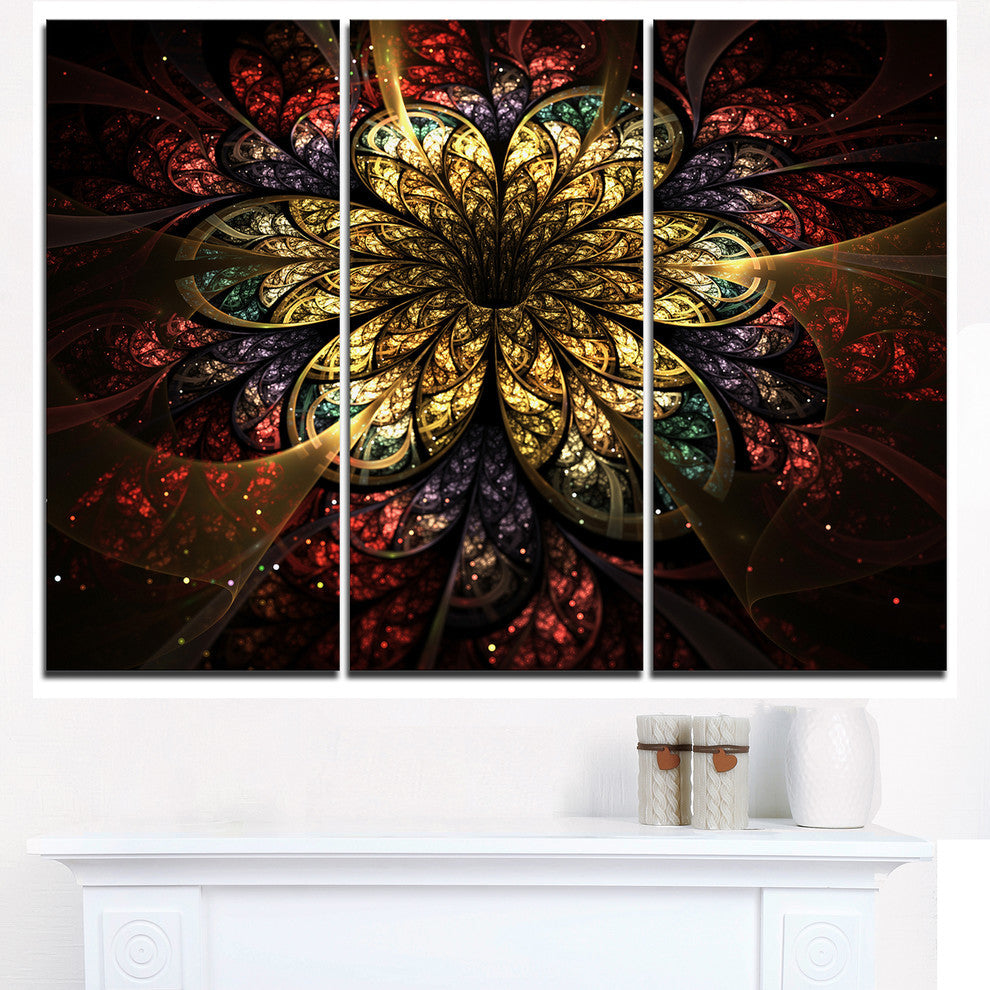"Fractal Flower Yellow Red Digital Art" Metal Wall Art, 3 Panels, 36"x28"