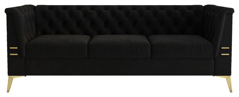 82.7'' Chesterfield Velvet Square Arm Sofa with Gold Leg, Black