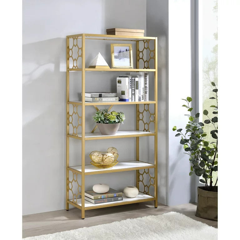 Contemporary Bookcase, Geometric Design & Open Shelves With Glass Panels, Gold