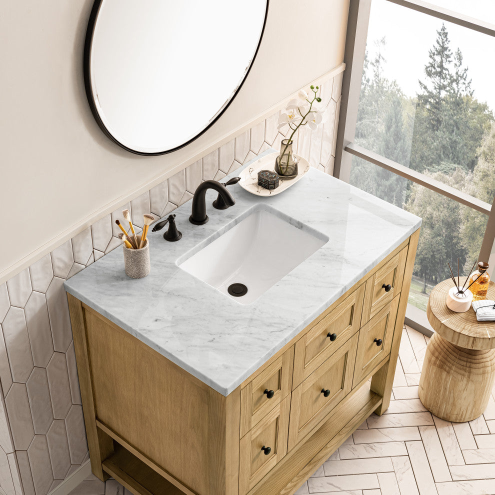 James Martin Breckenridge Bath Vanity, Light Natural Oak, 36", Carrara Marble, Three-Hole
