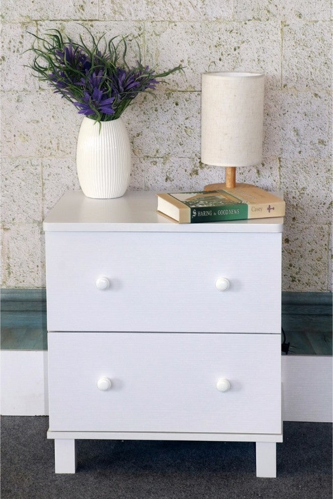 Urbane White Finish Nightstand With 2 Drawers On Metal Glides.