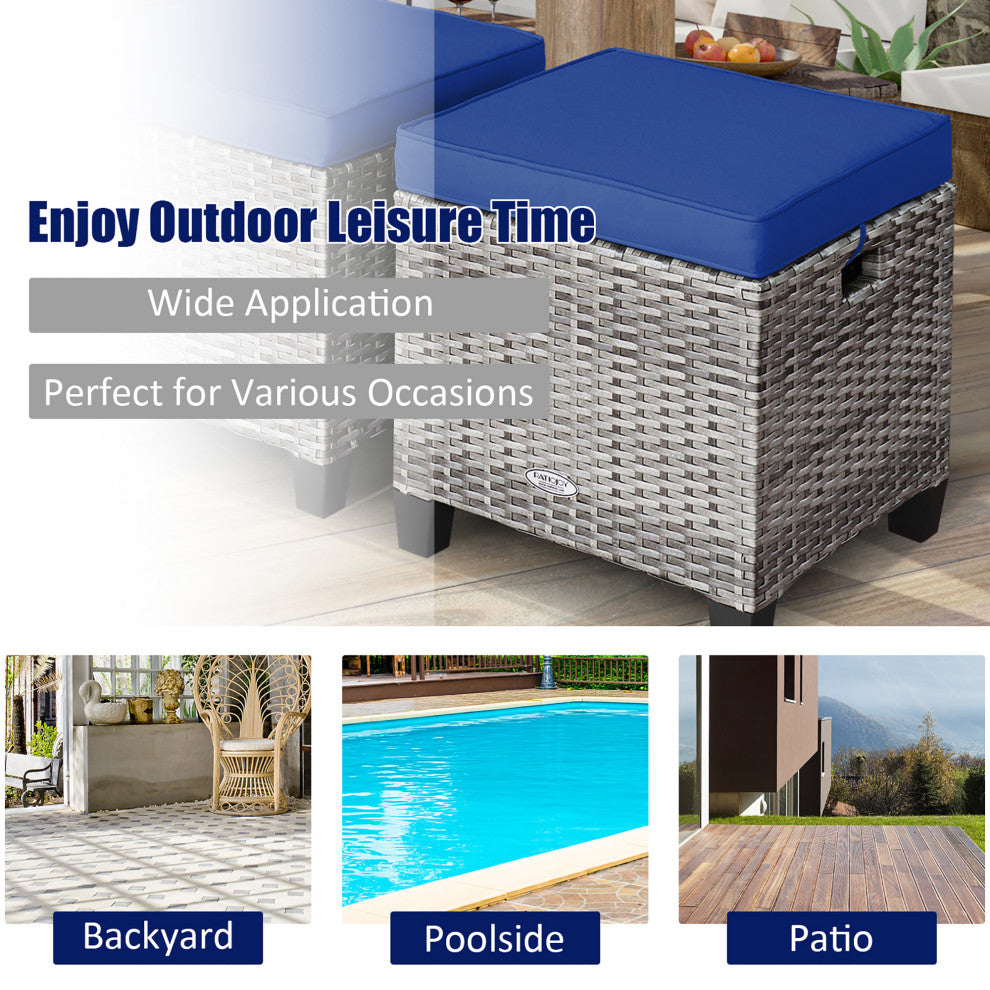 Costway 2PCS Patio Rattan Cushioned Ottoman Seat  Foot Rest Table Navy