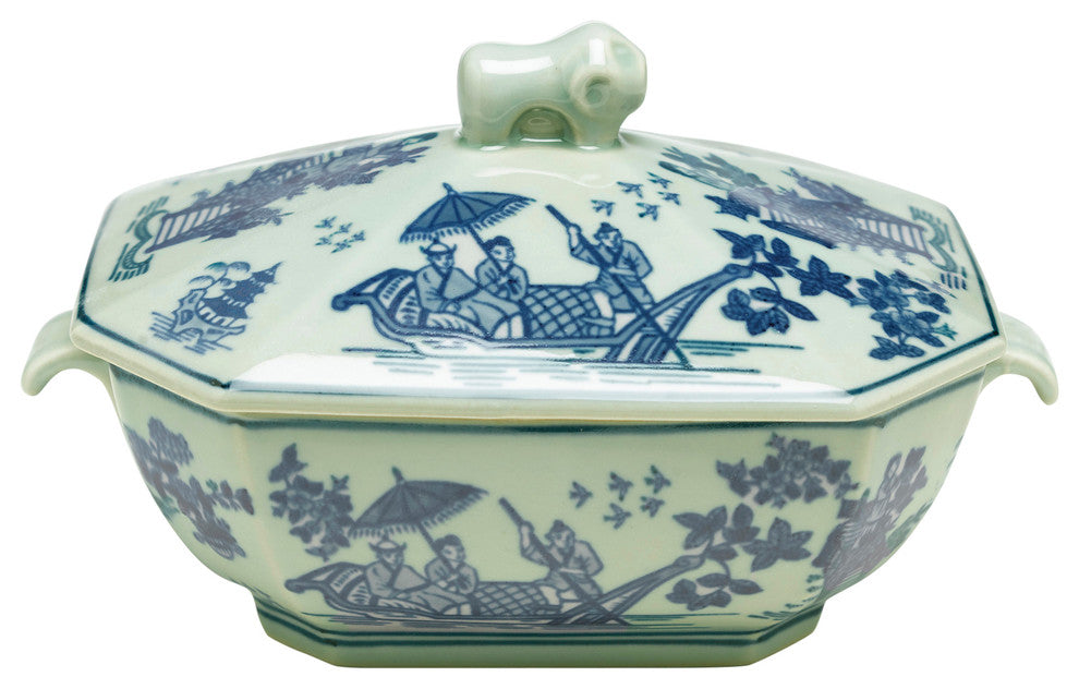 10" Antiqued Blue and White Tureen With Lid