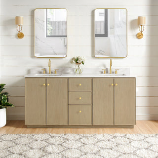 Oza Bath Vanity with Quartz Stone Top, Aged Natural Oak, 72", Double Vanity, No Mirror