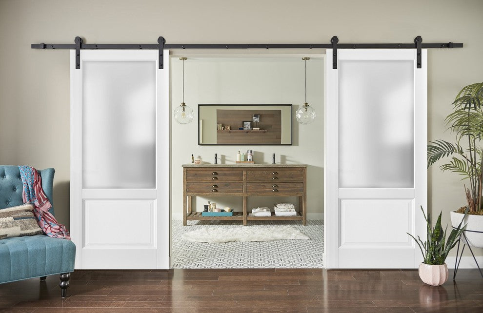 Double Barn Doors 56x80 & 13FT Hardware|Lucia 22 Matte White & Glass |Wood Panel