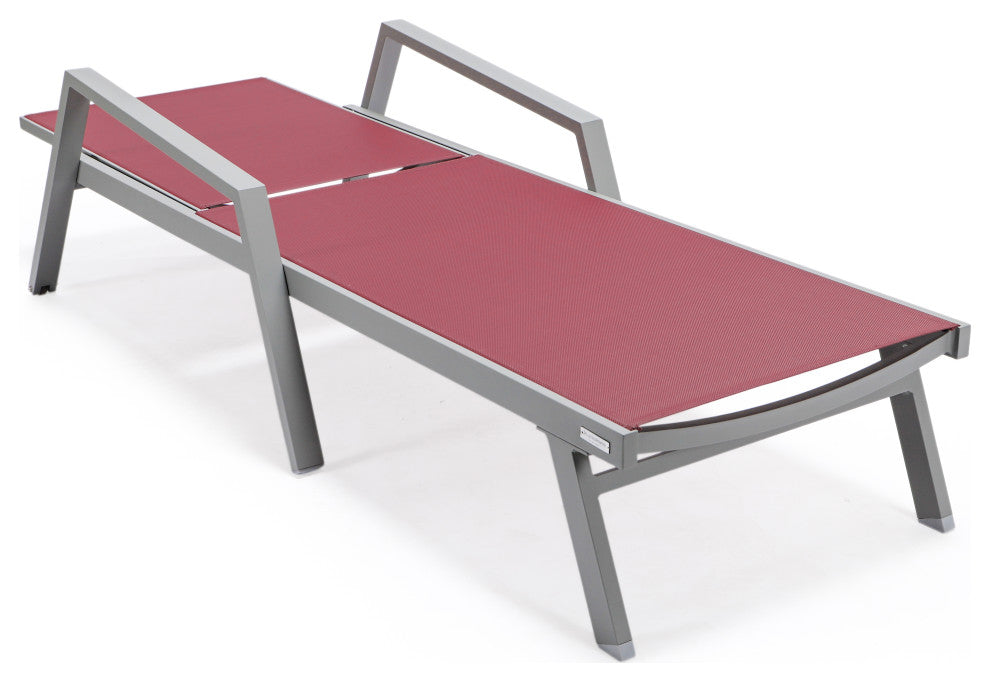 LeisureMod Marlin Patio Chaise Lounge Chair With Arms Gray Frame, Burgundy