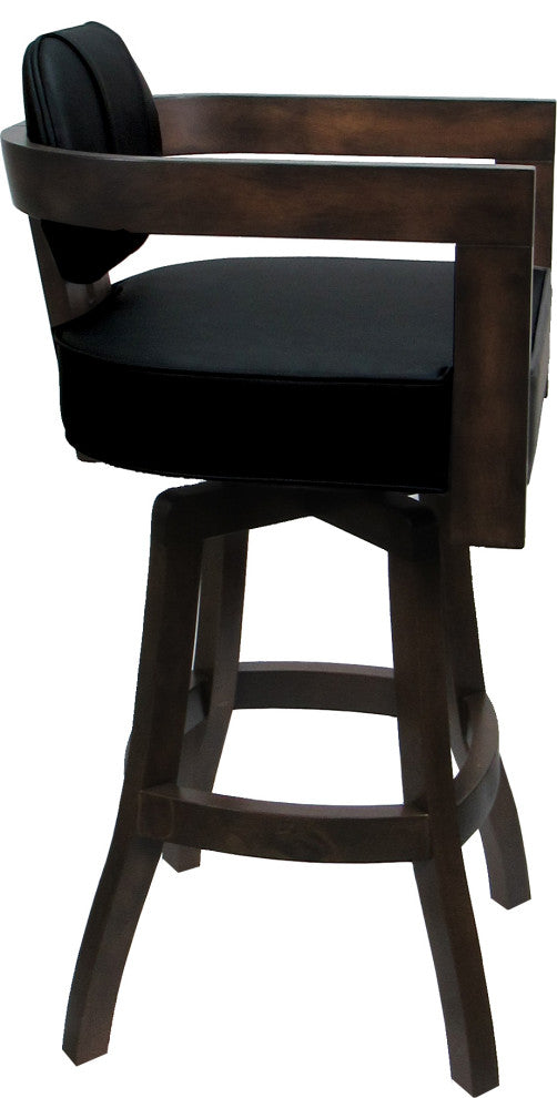 Swivel Wood Bar Stool Kadir Plus on S-Base, Black Vinyl - Dark Walnut, 26"
