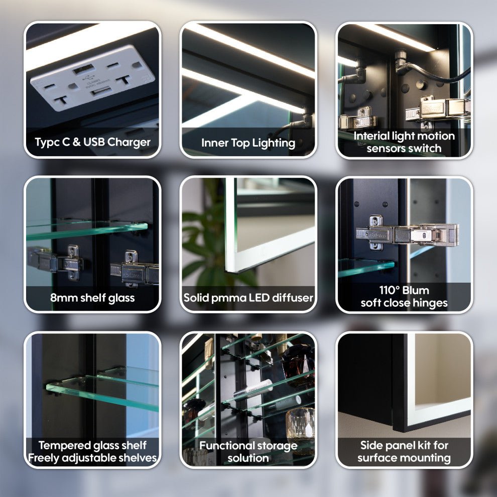 Framed LED Medicine Cabinet Recessed/Surface Mount, Dimmable, Anti-fog, Black, 64"x30" Left/Right Door, 2 Side Cabinets