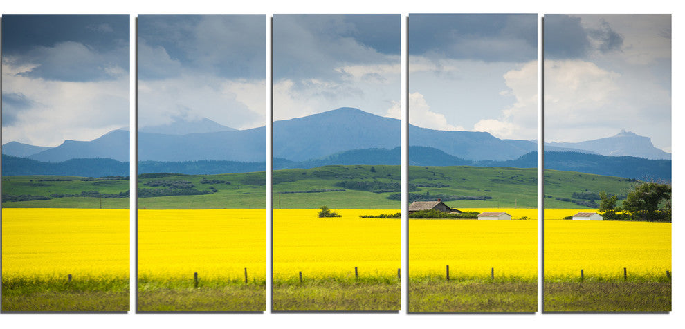 Farm House in Field Of Canola, Landscape Canvas Art Print, 60"x28", 5 Panels