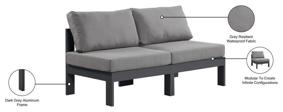 Nizuc Water Resistant Patio Modular Straight Sofa, Gray, 2-Piece: 2 Armless Chair, Dark Gray Aluminum Frame