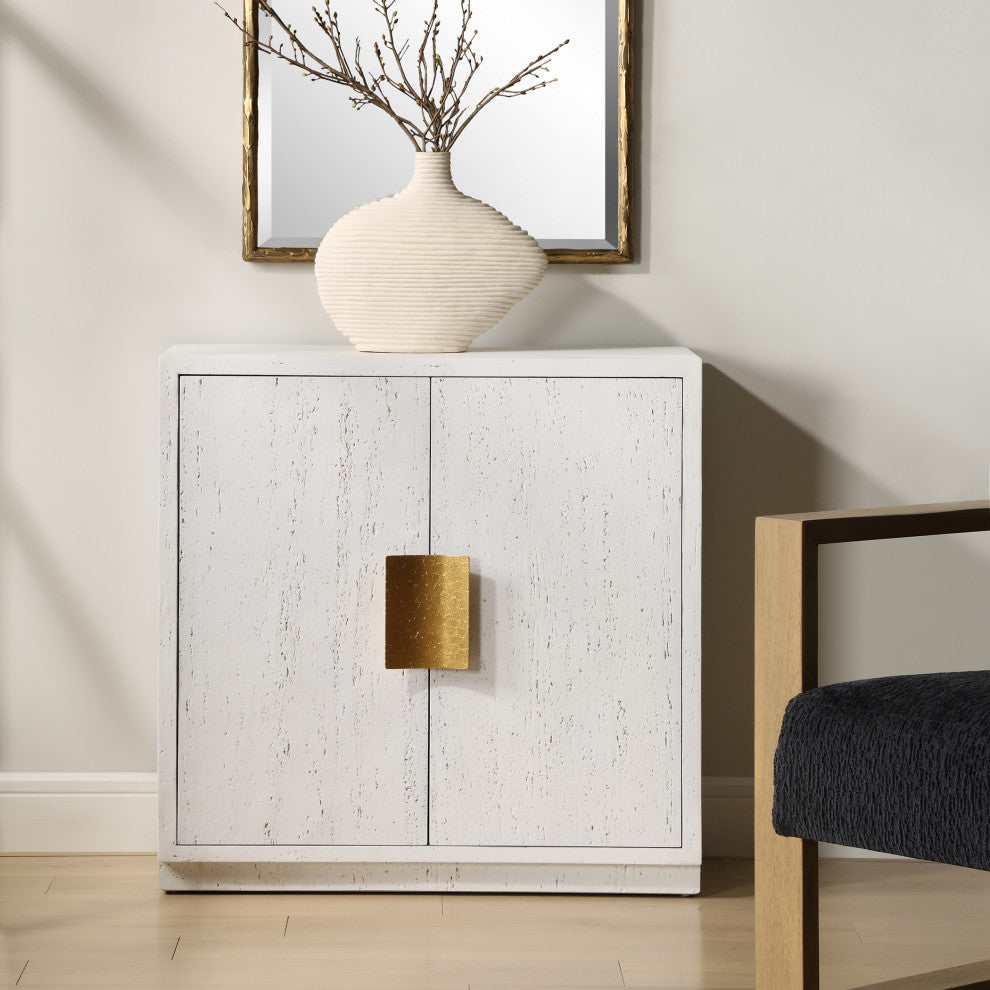 Lifestyle shot in a room; front view of cabinet with vase.
