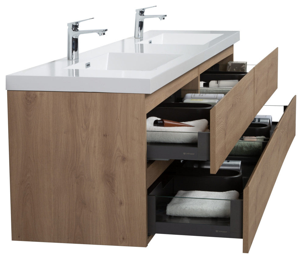 Aurora Wall Mount Vanity, White Acrylic Top, Sonoma Oak, 84"