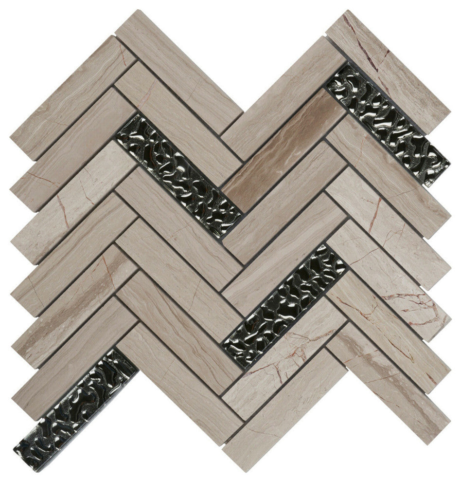 Modket White Oak Gray Marble Glass Herringbone Tile Kitchen Backsplash TDH147MO