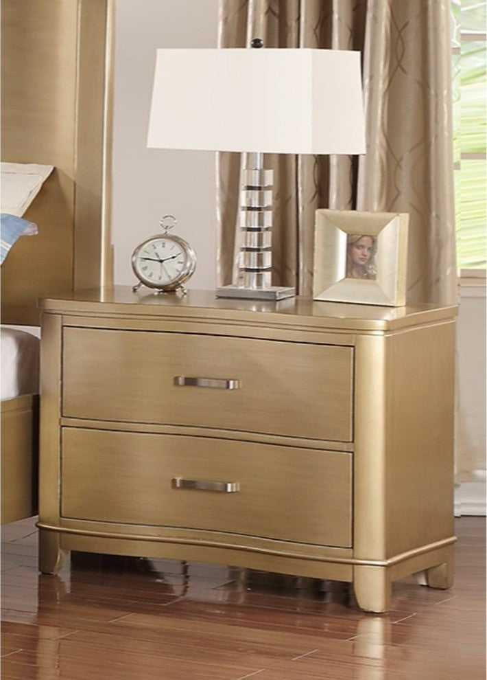 Pine Wood Night Stand With Two Drawers, Gold