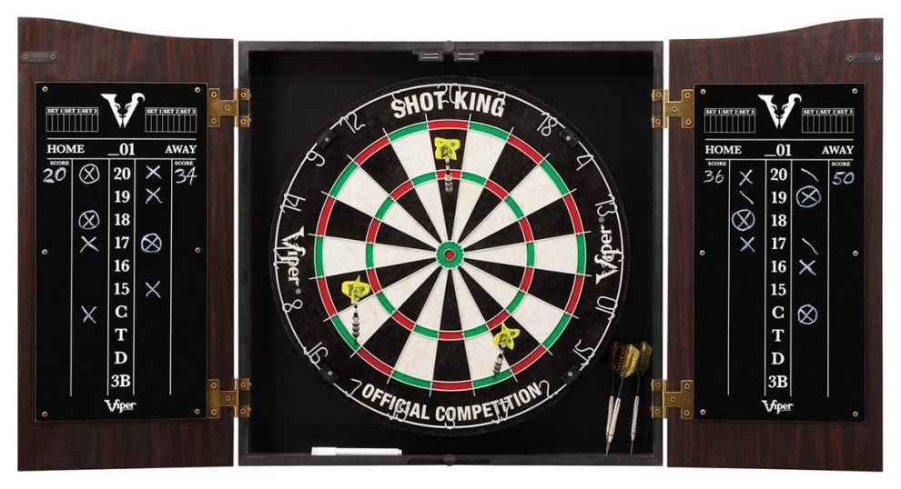 Vault Dartboard Cabinet With Shot King Sisal Dartboard and Dry Erase Scoreboard