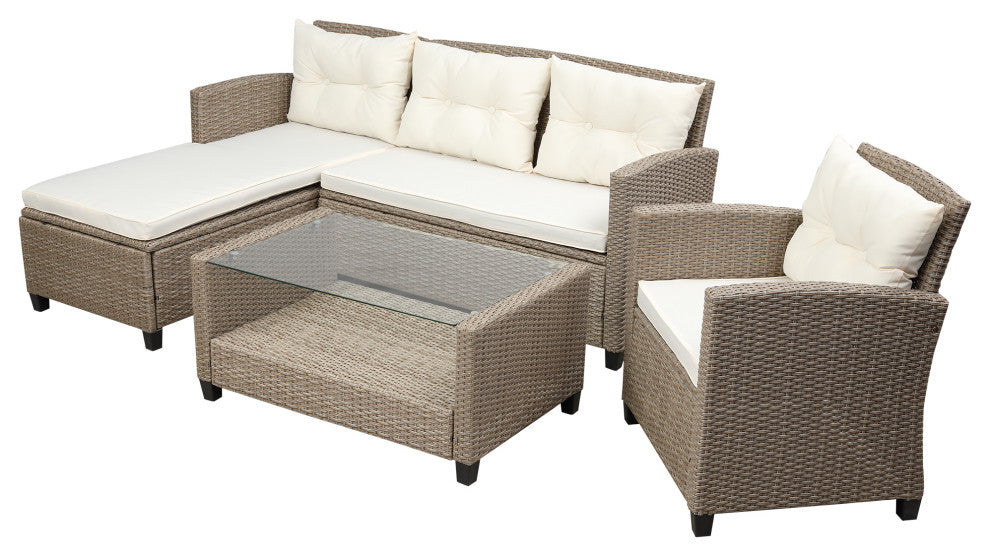 Gewnee Conversation Set Wicker Ratten Sectional Sofa, Beige