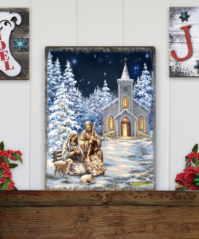 Nativity at the Chapel Night Sky Wooden Wall Art, Small 12x9